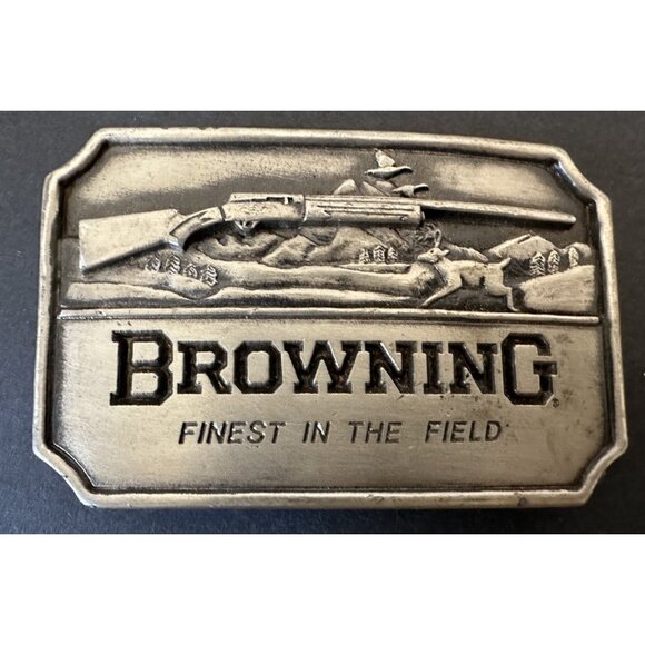 Browning rifle gun silver tone belt buckle Finest in Field Indiana metal hunting - Picture 1 of 13